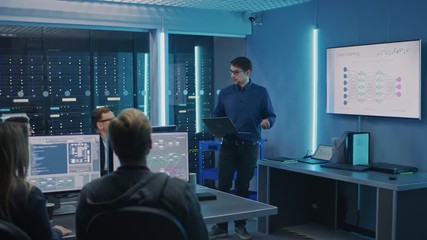 Wall Mural - Team of Professional IT Developers Have Meeting, Speaker Talks about New Blockchain Based Software Development Shown on TV. Concept: Deep Learning, Artificial Intelligence, Data Mining, Neural Network