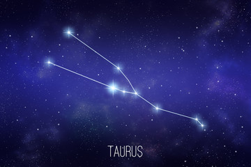 taurus zodiac constellation on a starry space background with lettering