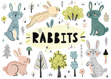 Cute Rabbits, Trees, Plants And Other Hand Drawn Elements In Scandinavian Style. Vector Illustration