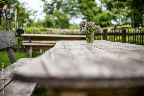 Holztisch Im Garten Mit Blumen In Der Vase Buy This Stock Photo