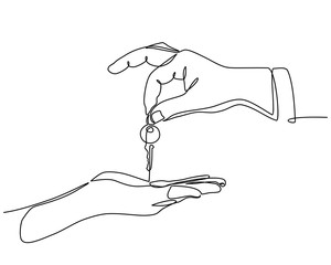 continuous line drawing of Real estate agent giving keys to apartment owner, buying selling property business. Close up of (male or women) hand taking house key from realtor.