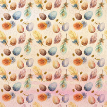 Digital Watercolor Paper With Seamless Watercolor Pattern With Eggs And Feathers And Golden Elements On Watercolor Gradient Background