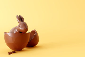 Wall Mural - Easter chocolate bunny with egg on yellow background. 3d rendering