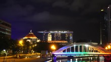 SINGAPORE - FEBRUARY 14 2019 : The Light And Sound Of The Singapore Night Life At The Waterfront Marina Bay Sand With Merlion, Marina Bay On February 14, 2019 In Singapore