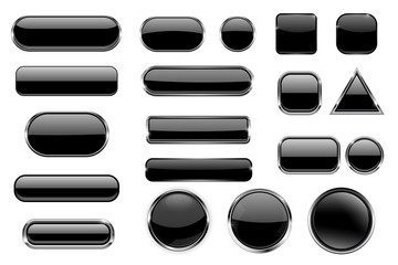 Wall Mural - black glass buttons. collection of 3d icons with and without chrome frame