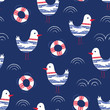 Whimsical and Cute Nautical Hand-Drawn with Crayons, Lifebuoys and Seagulls Vector Seamless Pattern for Kids and Babies
