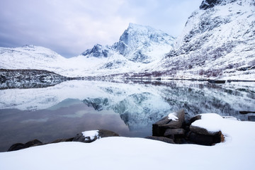 Wall Mural - mountain ridge and ice on the frozen lake surface. natural landscape on the lofoten islands, norway.