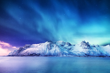 Wall Mural - Aurora borealis on the Lofoten islands, Norway. Green northern lights above mountains. Night winter landscape with aurora and reflection on the water surface. Norway-image