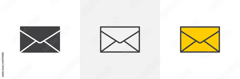 Envelope mail icon. Line, glyph and filled outline colorful version, post envelope outline and filled vector sign. Message, mail symbol, logo illustration. Different style icons set. Pixel perfect  - obrazy, fototapety, plakaty 
