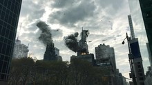 New York Under Attack In War Illustration Powerful Video Compisting Simulates Real Footage With Visual Effects Elements Of New York Empire State Building And Manhattan Under Attack With Smoke Jets Hel