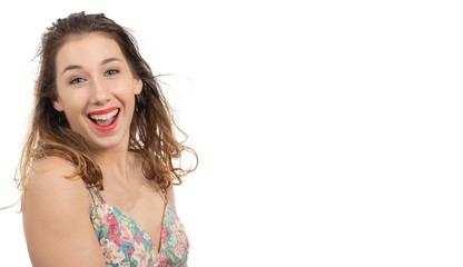 Poster - young and pretty happy woman with long hair on white background