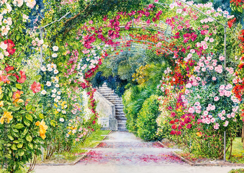 Cuadros en Lienzo Flower garden. Watercolor botanical illustration.