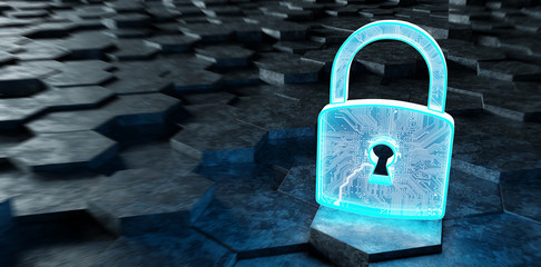 Fototapete - Black and blue padlock icon on hexagons background 3D rendering