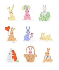 Poster - Lovely Cute Bunnies Set, Sweet Rabbits Characters in Different Poses and Expression Vector Illustration