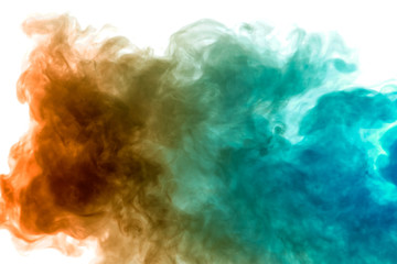 Colorful steam exhaled from the vape with a smooth transition of color molecules from yellow to blue on a white background like a collision of two jets of smoke.