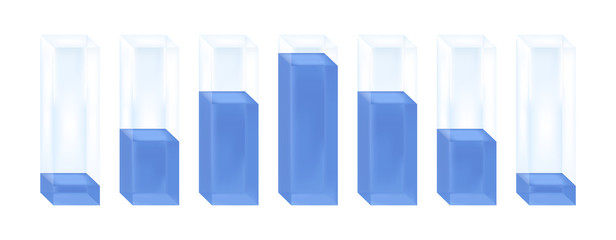 Vector statistical illustration of histogram. Glass columns with blue liquid characterizing the normal distribution or Gaussian distribution. Percentage increase and decrease. Isolated on white.