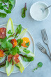 Chicorée Blutorangen Salat mit Soja Joghurt Dressing auf einem hellen Betonhintergrund