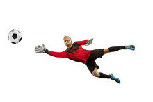 Male Soccer Player Goalkeeper Catching Ball In Jump. Silhouette Of Fit Man With Ball Isolated On White Studio Background