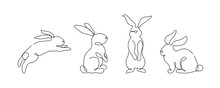 Easter Bunny Set In Simple One Line Style. Rabbit Icon. Black And White Minimal Concept Vector Illustration