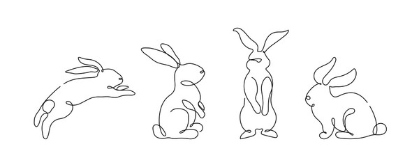 easter bunny set in simple one line style. rabbit icon. black and white minimal concept vector illus