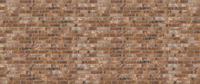 Long Wide Old Dirty Red Brick Wall Texture Background. Horizontal Panoramic View.