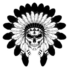 Sticker - Indian skull in a crown of feathers. Vector image on white background.