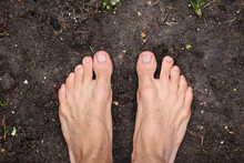Barefoot Man Stands On Empty Black Soil Ground In Spring, Concept Of Poverty, Top View, Closeup