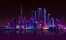 Vector Modern Megapolis On River At Night. Bright Glowing Clock Tower, Shining Chapel In Cartoon Style. Urban Skyscrapers In Neon Colors, Town Exterior, Architecture Background.