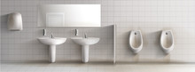 Dirty Public Mens Toilet 3d Realistic Vector Interior. Row Of Rusty And Stained Urinals, Ceramic Sinks Washbasins, Soap Dispensers, Hand Drier Unit And Mirror Hanging On White Tilled Wall Illustration