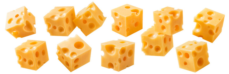 Wall Mural - collection of cube cheese pieces isolated on white background