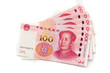 Hundred Chinese Yuan banknotes on white background, paper money, Bank of China, Financial system of China