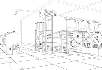 oil refinery, chemical production, waste processing plant, contour visualization, 3D illustration, sketch, outline