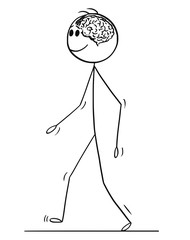 Sticker - Cartoon stick figure drawing conceptual illustration of man walking with brain visible in his head.