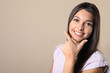 © New Africa - Young woman with healthy teeth on color background. Space for text