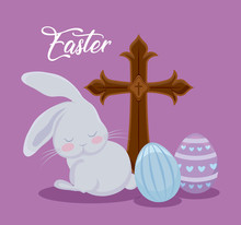 Happy Easter Day Card With Cute Rabbit And Cross
