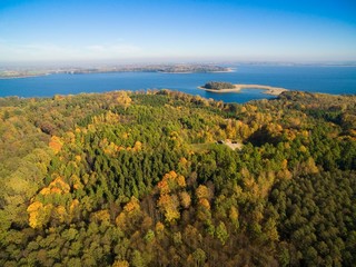 Poster - Aerial view of reinforced concrete bunkers belonged to Headquarters of German Land Forces from ww2 hidden in a forest in autumn season in Mamerki, Poland (former Mauerwald, East Prussia)