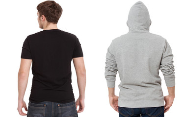 Wall Mural - T shirt and sweatshirt template. Men in black tshirt and in grey hoody. Back rear view. Mock up isolated on white background. Copy space. Place for print.