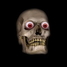 A Scary Human Skulls With Red Eyes On A Black Background.