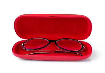 Glasses in red case on a white background