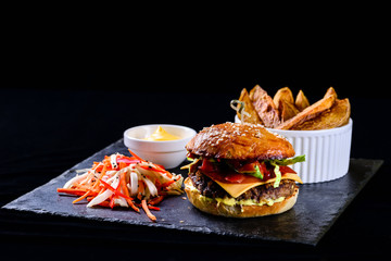 Sticker - homemade burger, salad and potatoes - fast food set