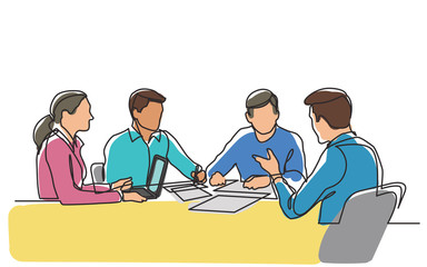 Canvas Print - continuous line drawing of office workers at business meeting