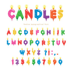 Wall Mural - Birthday candles colorful font design. Bright festive ABC letters and numbers isolated on white. Vector