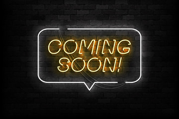 Wall Mural - Vector realistic isolated neon sign of Coming Soon logo for template decoration and layout covering on the wall background.