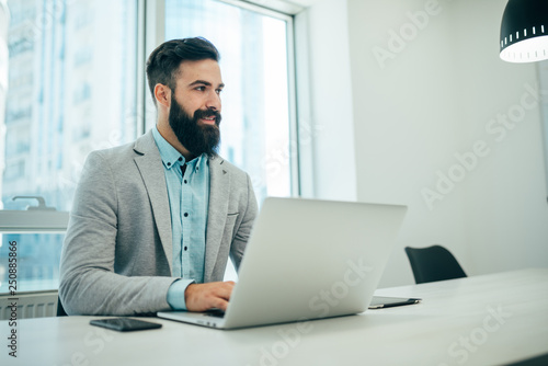Man Computer Laptop Business Office Young Typing People Happy