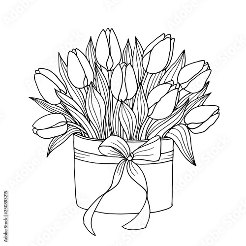 Tulip Flowers Arrangement In A Box Black And White Ink Hand Drawing Stock Vector Adobe Stock