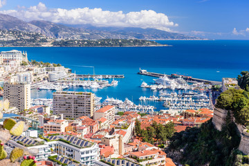 Wall Mural - Cityscape and harbor of Monte Carlo. Aerial view of Monaco on a Sunny day, Monte Carlo, Principality of Monaco