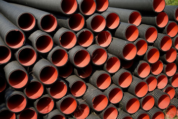 High-density Polyethylene (HDPE) corrugated water pipes of prepared for laying        