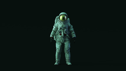 Wall Mural - astronaut with gold visor and white spacesuit with blue green moody 80s lighting front 3d illustrati