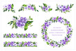 Vector set with floral seamless border, round frame and compositions of purple hydrangea flowers and green leavess. To use in the design of cards, invitation, textiles, fabrics, printing and so on.