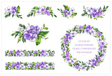 Vector Set With Floral Seamless Border, Round Frame And Compositions Of Purple Hydrangea Flowers And Green Leavess. To Use In The Design Of Cards, Invitation, Textiles, Fabrics, Printing And So On.